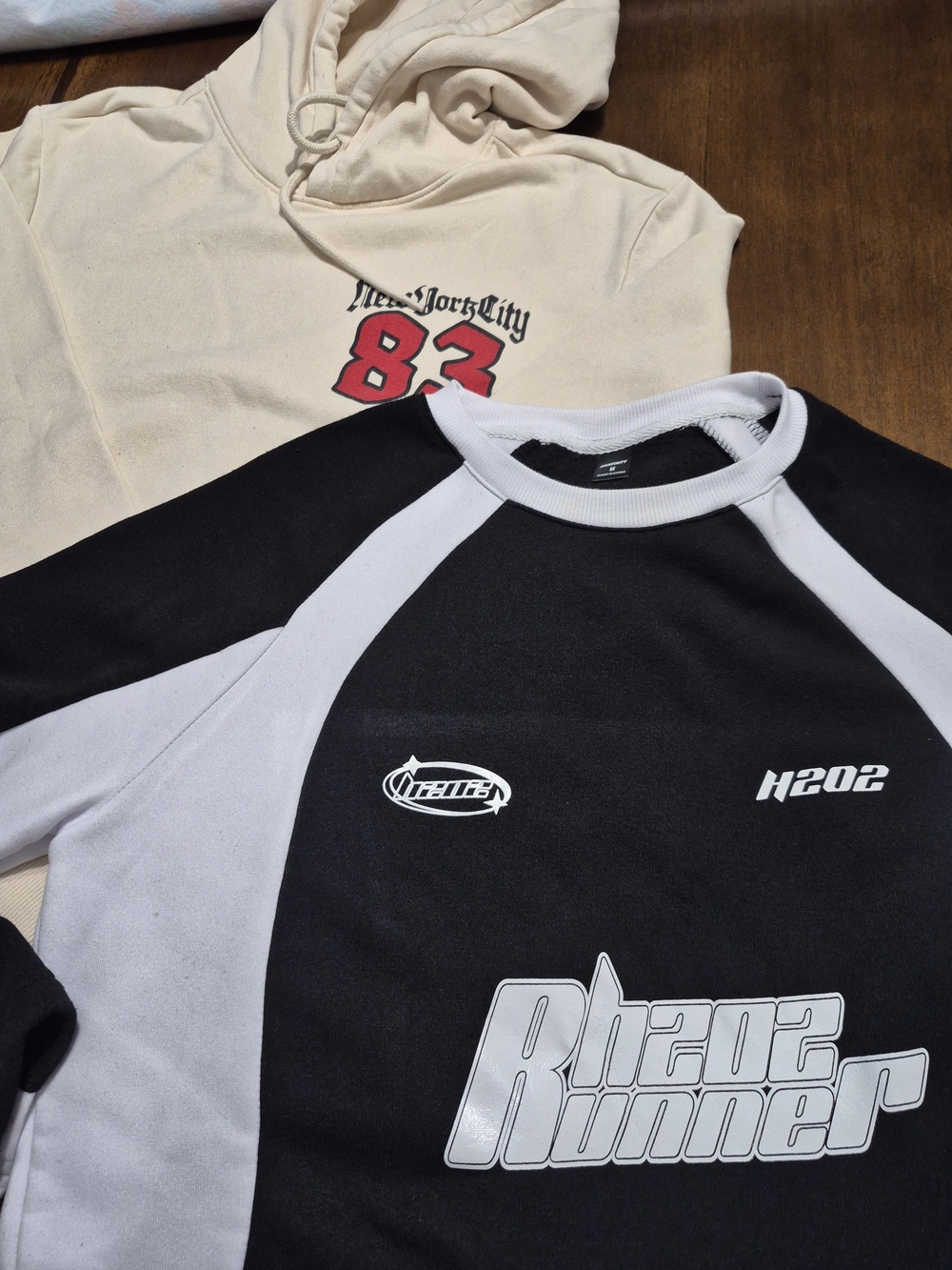 H&M Cream Hoodie Layered and Black & White Raglan Graphic Sweatshirt